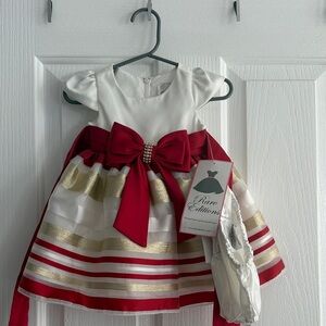 NWT Rare Editions Formal White Dress with Red and Gold Stripes